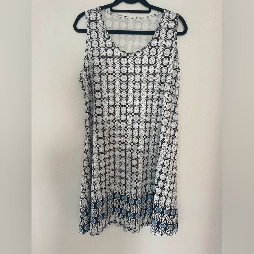 Sleeveless Black & White Geometric Midi Dress with Blue Border - Picture 1 of 5
